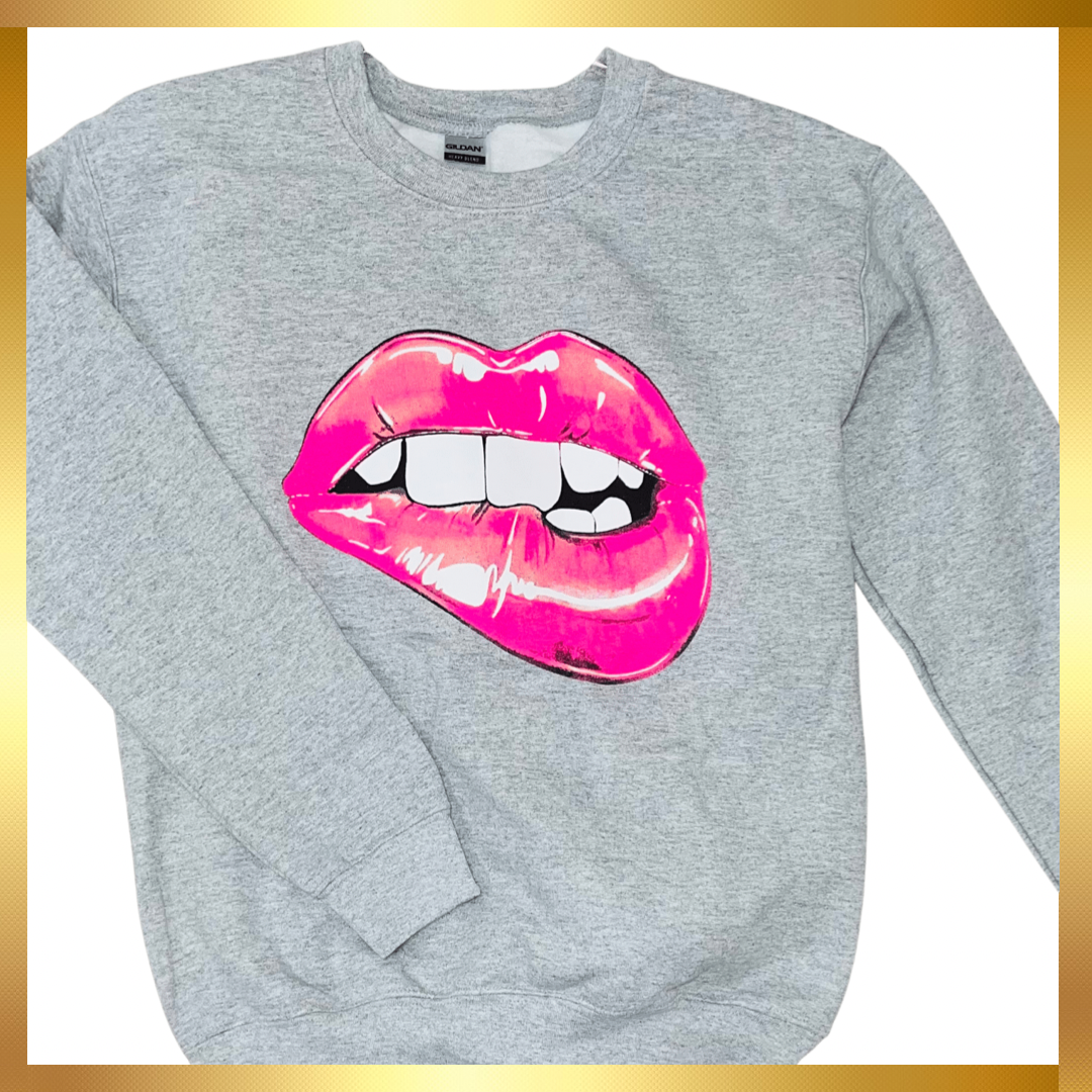 Over-Sized Lip Bite Grey Sweatshirt