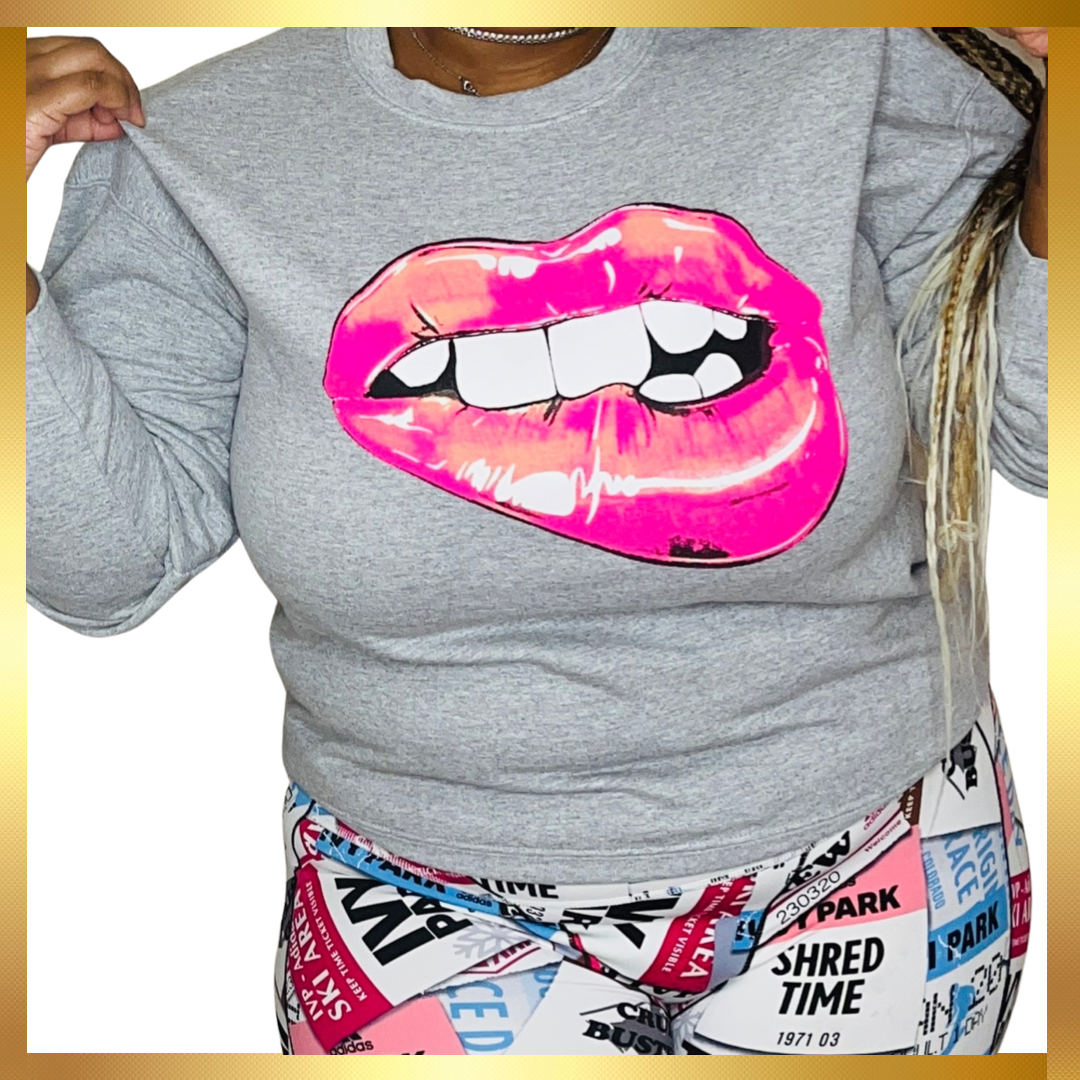 Over-Sized Lip Bite Grey Sweatshirt